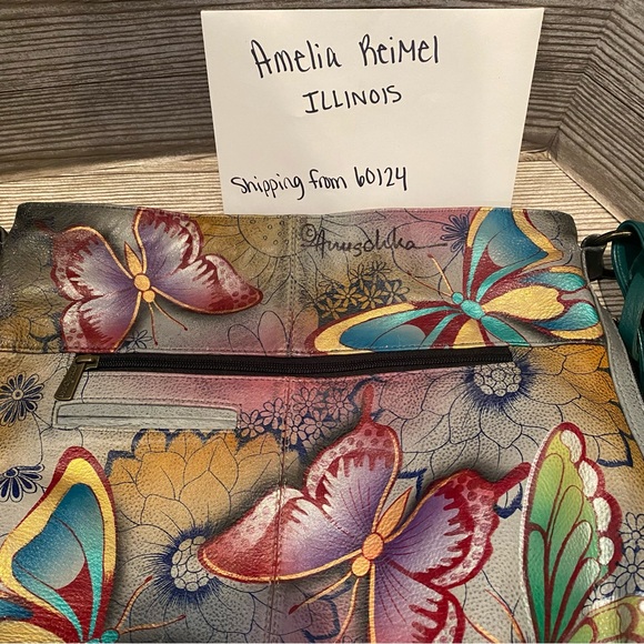 Used Anuschka Butterfly Paradise Large Crossbody Hobo Purse - Picture 3 of 14